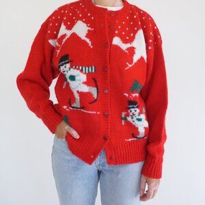 VTG Windcrest Red Hand Knit Snowman Ski Winter Holiday Cardigan Wool Blend M